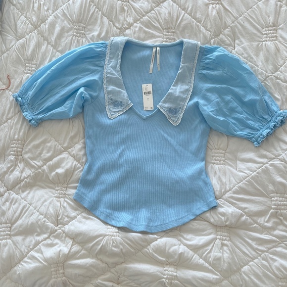 NWT BY ANTHROPOLOGIE LIGHT BLUE SHORT-SLEEVE COLLARED TOP SIZE S - Picture 5 of 7